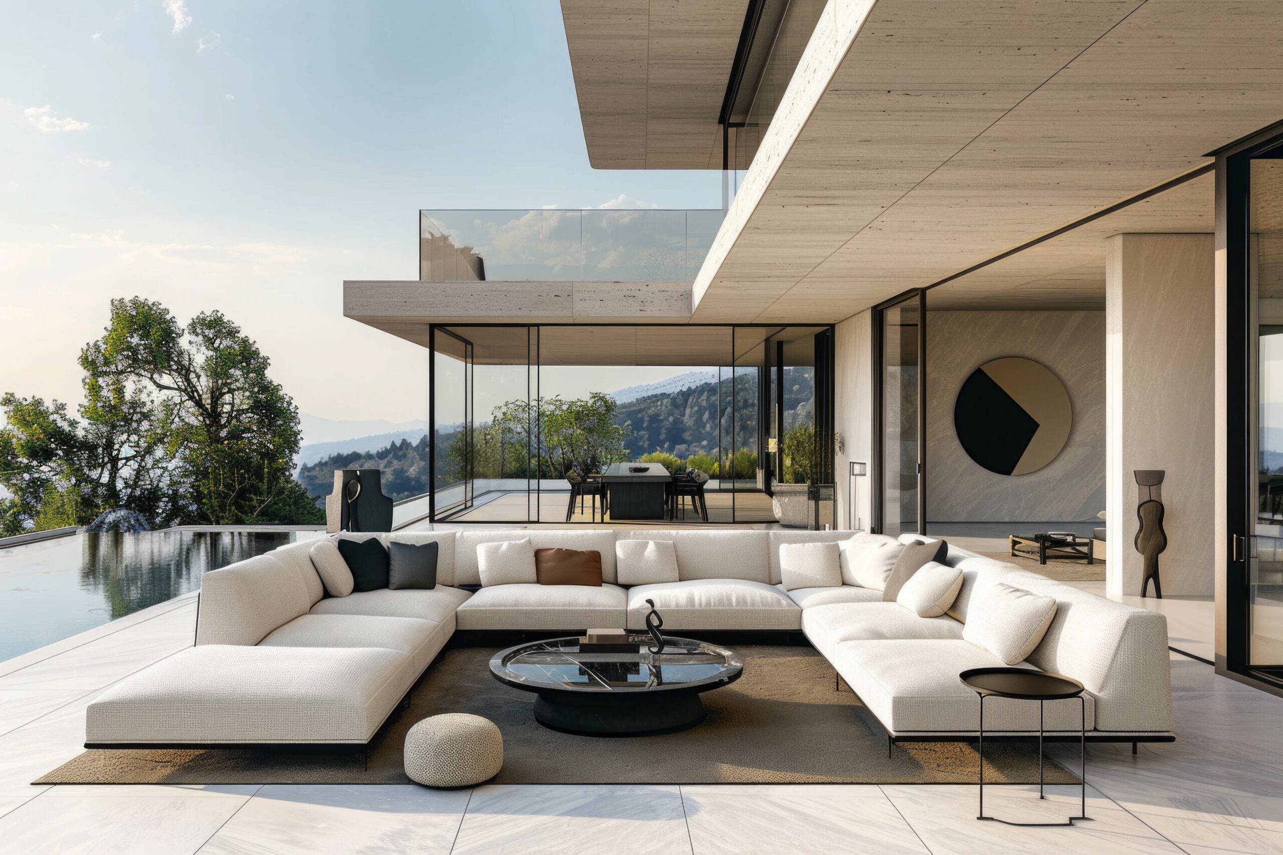 This luxury modern patio, with its plush and comfortable furniture, invites guests to relax and enjoy the tranquil ambiance