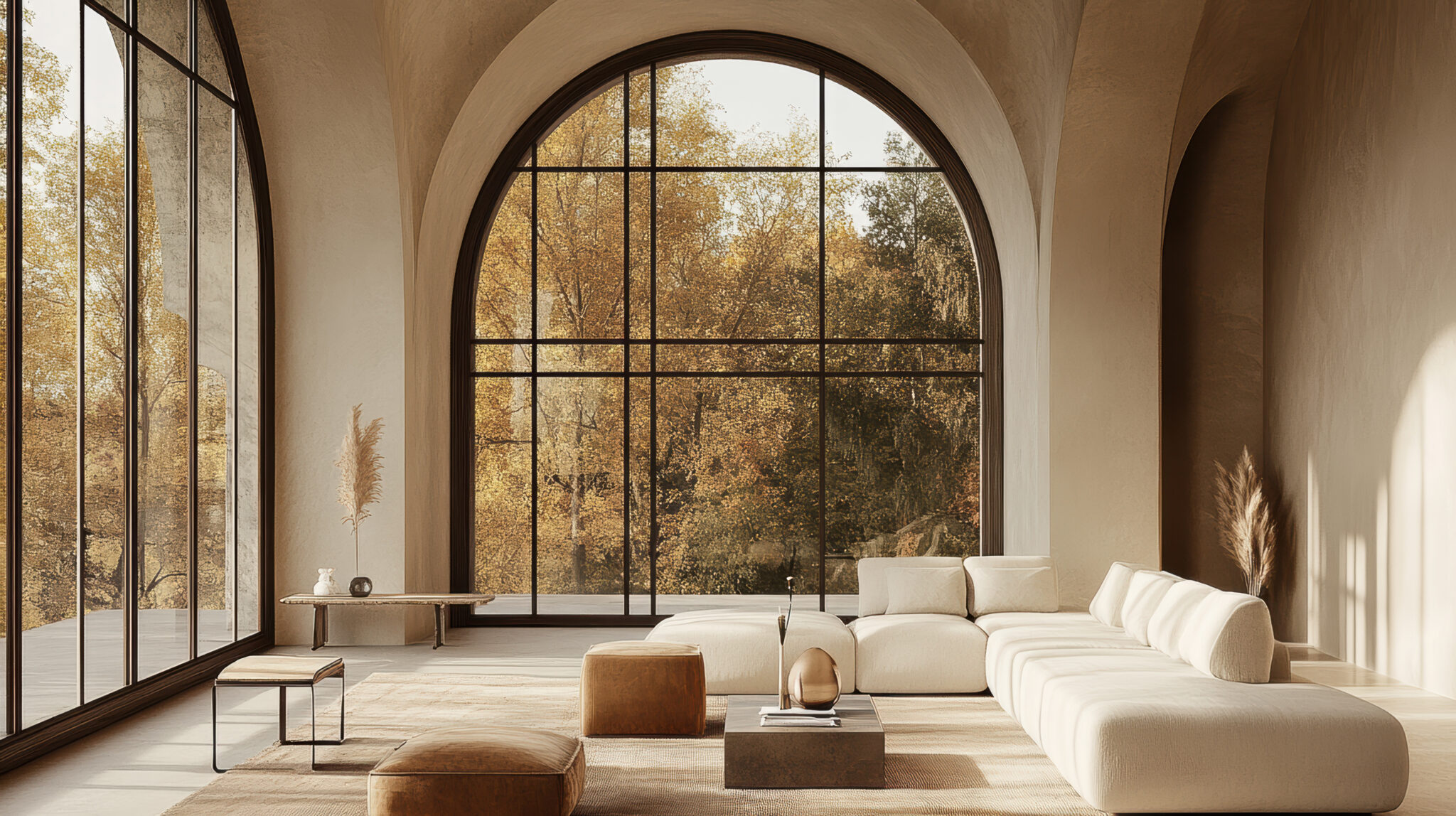 An airy, minimalist living room features large arched windows letting in abundant natural light, with plush white furniture and neutral tones creating a serene atmosphere.